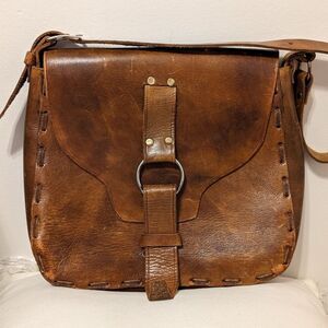 Vintage Large Handtooled Cognac Brown Leather Boho Woodstock Festival Purse Bag
